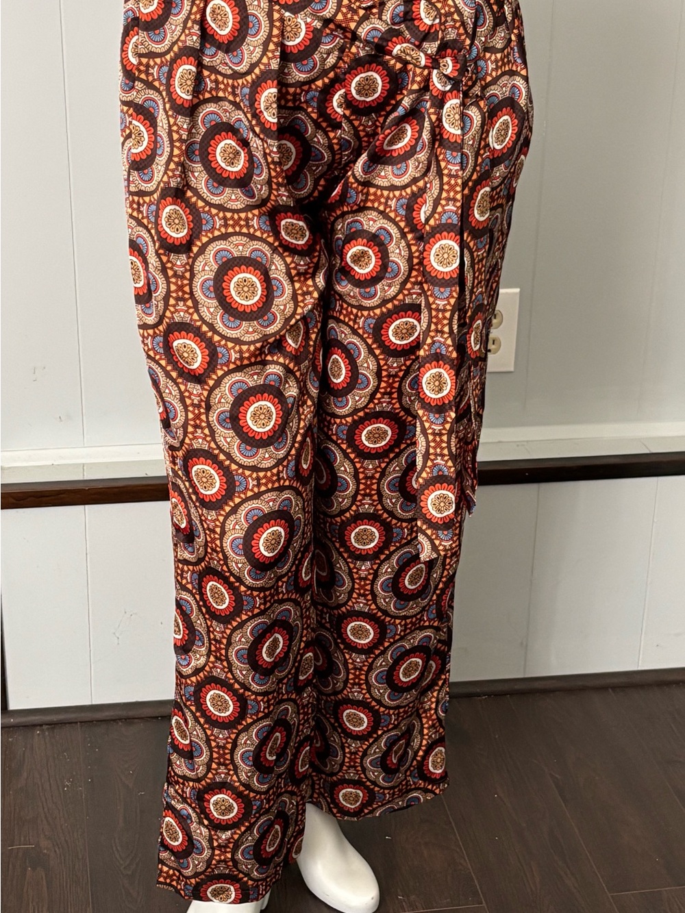 Cider Silken Brown Orange Blue Medallion Print Wide-Leg Pants- Palazzo pants